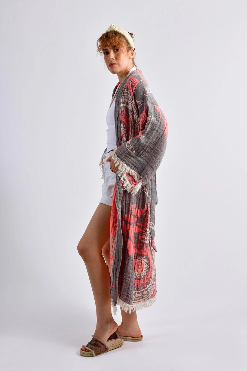 Brandsmithshop Gri- Turuncu Mandala Kimono Çok Renkli