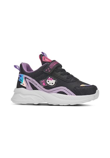 Günlük Kız Çocuk Sneaker Lastik Bağcıklı Hologram Cırtlı Hafif Hello Kitty Ayakkabı 1907 Siyah Lila - 6