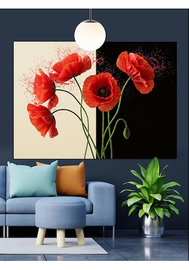 Kırmızı Haşhaş Çiçekleri Sapları Dekoratif Kanvas - Mdf Ahşap Tablo