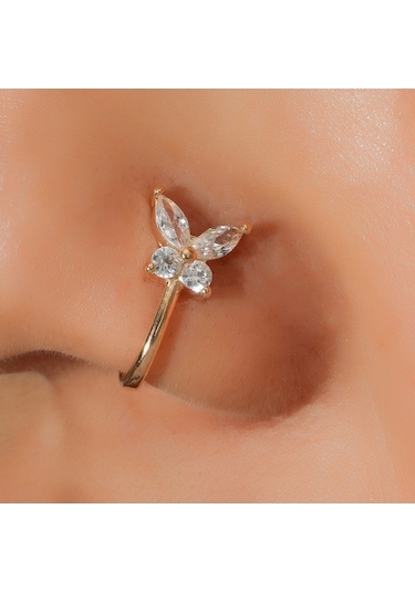 Flybuy Zirkonyum U Süslemesi Şeklinde Klipsi Kelebek İşlemeli Burun Burun Bakır Altın A-1204 Ow Altın