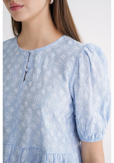 4688 Kadın Balon Kol Çiçek Desenli Peplum Bluz Bebe Mavi Bebe Mavi