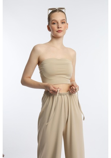 Quhox Kadın Allegro Kumaş Askısız Crop Top Vizon