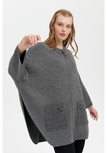 Kadın Dik Yaka Cebi Gül İşlemeli Fermuarlı Kısa Panço Gri Melanj Gri Melanj