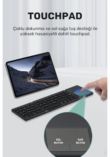 Plentiful Katlanabilir Bluetooth Type-c Klavye Türkçe Q Android / Apple Uyumlu iOS Siyah