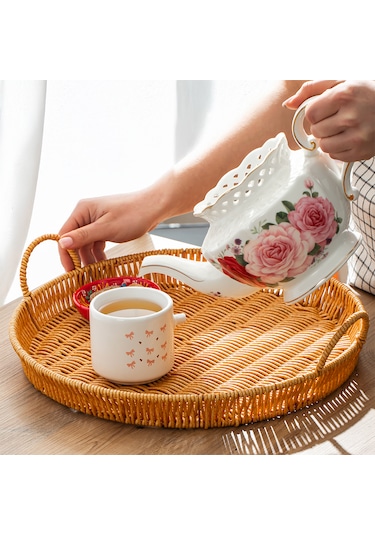 Porsima 710-b Yuvarlak 3'lü Hasır Tepsi Dekoratif Sunum Tepsisi