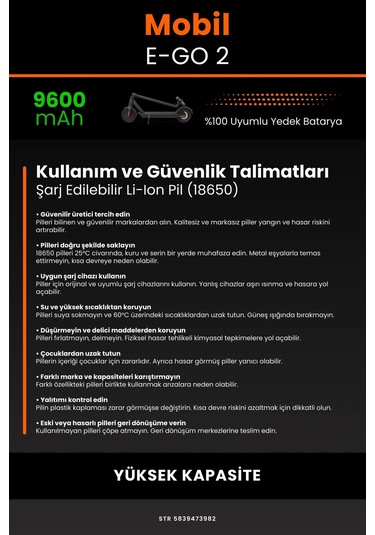 Mobil Urban E-go 2 / 36v 9600mAh Elektrikli Scooter Bataryası