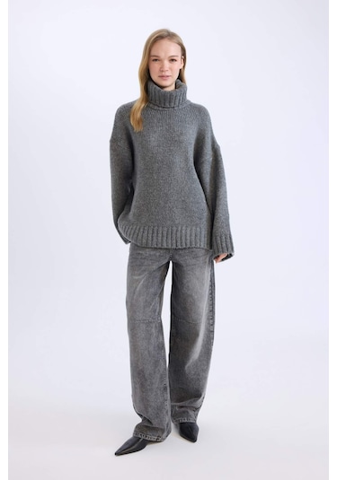 DeFacto Oversize Geniş Kalıp Balıkçı Yaka Basic Düz Triko Kazak Tunik A6445AX24CWAR192 Antrasit