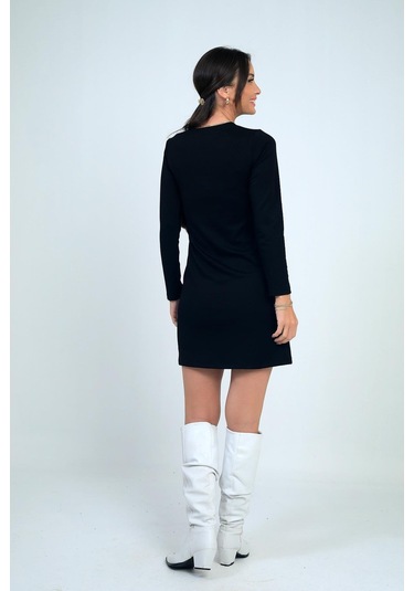 Kadın Çıtçıtlı Kısa Elbise-41794 Siyah