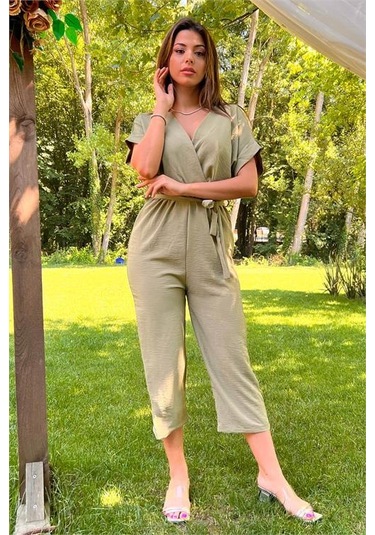 Kadın Yeşil Kruvaze Yaka Bağlama Detaylı Ayrobin Tulum Dpnb10049 Yesil