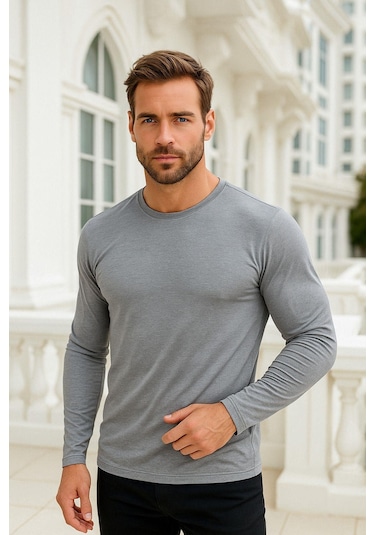 Erkek Uzun Kollu Bisiklet Yaka Tişört - %100 Pamuk Basic Relaxed T-shirt Gri