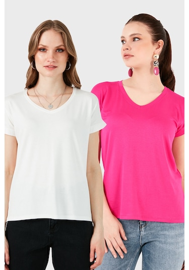Lela V Yaka Relaxed Fit Yırtmaç Detaylı 2'Li Paket Bayan Bluz 5862000S2 Ekru-Fuşya