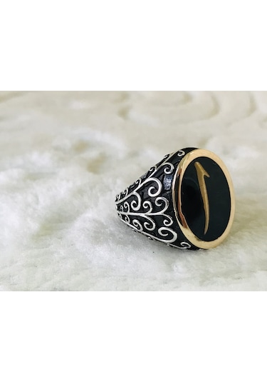 Siyah Taş Içinde Elif Harfi Yazılı 925 Ayar Erkek Gümüş Yüzük