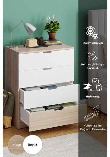 Lento 4 Çekmeceli Şifonyer Yatak Odası Bebek Odası Beyaz Meşe Beyaz Meşe