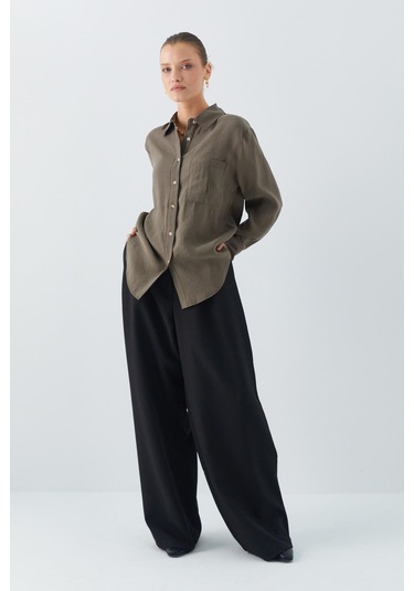 4628 Kadın Cep Detaylı Modal Gömlek Haki Haki