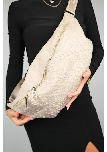 Venta Koyu Bej Örgü Kadın Büyük Bel Çantası Bej