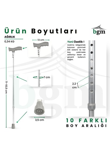 Baston Ayarlanabilir Denge Bastonu - Açık Gri - Alüminyum Yüksek Kalite