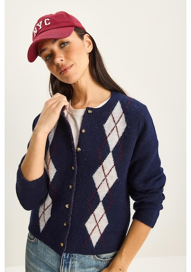 Shade Kadın Baklava Desenli Düğmeli Triko Hırka 20258049 - Lacivert