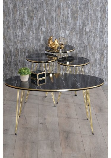 Zigon Sehpa Ve Orta Sehpa Elips Set Çift Gold Bendir Tel Ayak