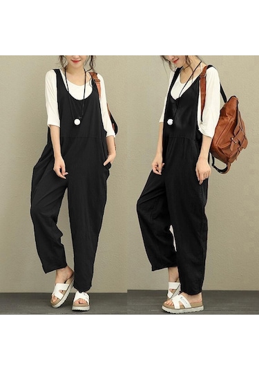 Toridas Keten Günlük Yazlık Kalın Askılı Salopet Kadın Tulum Ln358siyah 001