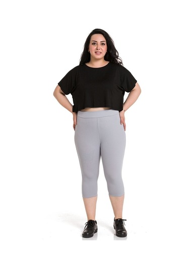 Büyük Beden Fitilli Karyoka Dikişli Diz Altı Gri Bayan Tayt