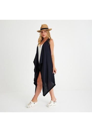 Pamuklu Dokuma Kemerli Püsküllü Plaj Elbisesi - Standart Siyah