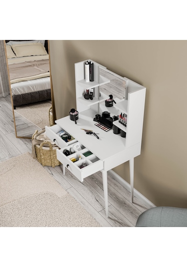 2200 Lucky Aynalı Ahşap Ayaklı 2 Çekmeceli 80 Cm Makyaj Masası