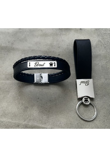 Archin Berat İsmine Özel Hakiki Siyah Derili Taç Motifli 925 Ayar Gümüş Plakalı Hediye Seti-584isim Gümüş