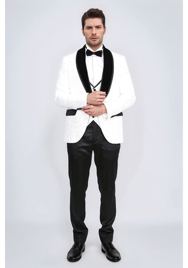 Barok Desenli Kadife Şal Yaka Yelekli Beyaz Smokin - Wessi Beyaz