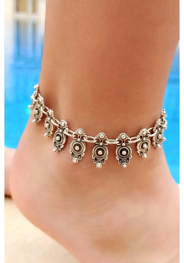 Antik Gümüş Kaplama Otantik Şekilli El Yapımı Kadın Halhal Gümüş