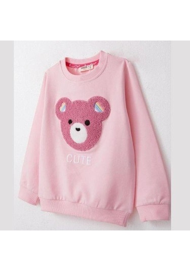Kız Çocuk Ayıcık Nakışlı Pamuklu Eşofman Takım-14585 Pembe
