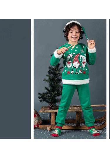 Unisex Çocuk Yılbaşı Christmas Noel Temalı 3 Cin Model Kapüşonlu 3 İp Şardonlu 3 Parça Alt Üst Takım Yeşil