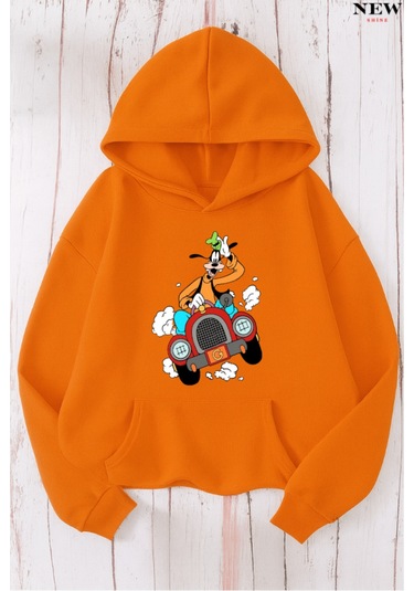 Arabalı Goffy Baskılı Sweatshirt Turuncu