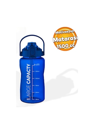 Sağlıklı Polikarbon 1.5 Litre Büyük Kapasiteli Su Matarası Pipetli Suluk Mavi Mavi