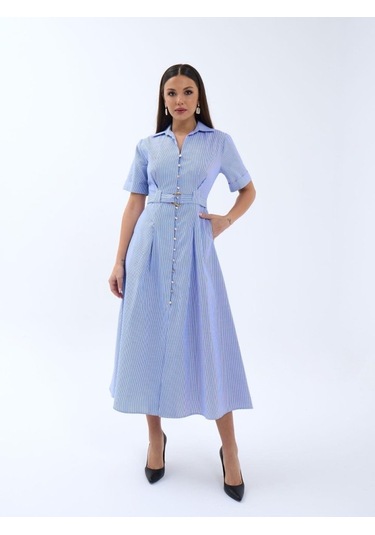 6948 Elbise-mavi Beyaz Çizgili Altın
