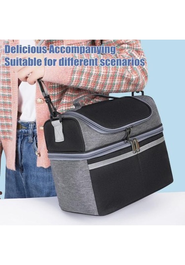 Yalıtımlı Öğle Yemeği Çantası Çift Katlı Öğle Yemeği Tote Büyük Sızdırmaz Genişletilebilir Öğle Yemeği Kutusu Siyah