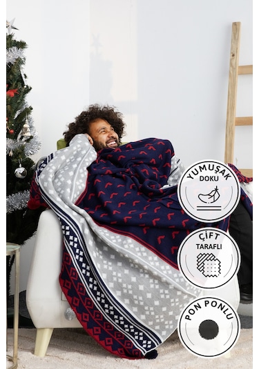 Biocotton Triko Ponponlu Örgü Tv Battaniyesi - Lacivert Lacivert