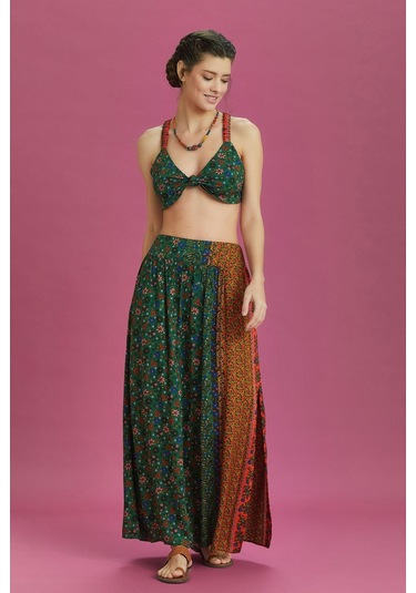 Çiçek Desenli Arka Bel Lastikli Derin Yırtmaçlı Etek 001