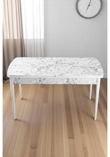 Mia Serisi Açılabilir Mutfak Masası Takımı Beyaz Mermer Desen Masa 6 Sandalye, Yemek Masası Lacivert