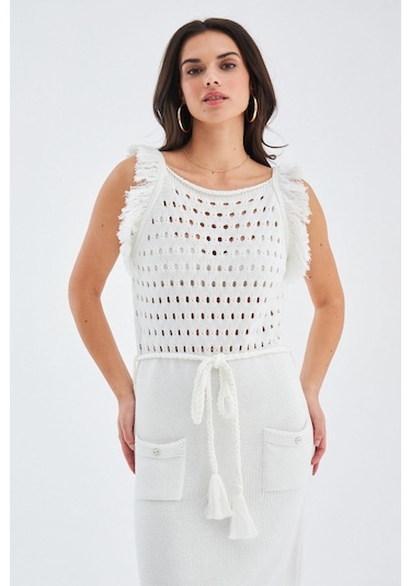 Peraluna Mıyokı Dress %100 Pamuk Diz Hizası Yazlık Kadın Triko El Kırık Beyaz