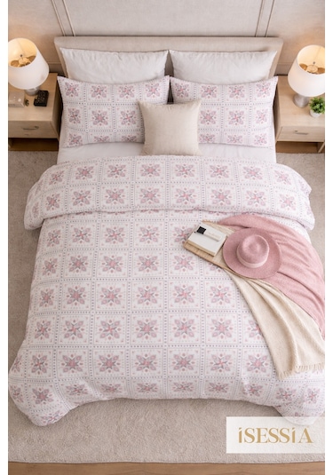 Mira Çift Kişilik Lastikli Çarşaflı Nevresim Takımı Pembe - Çiçek - Motif