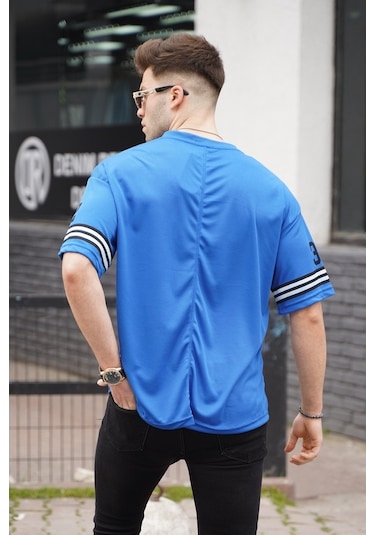 Madmext Saks Baskılı Oversize Erkek Tişört-Saks