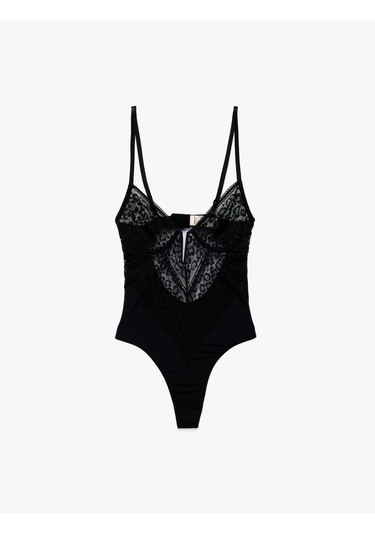 Koton V Yaka İnce Askılı Transparan Dantelli Bodysuit Siyah 6wlk00002mk Siyah