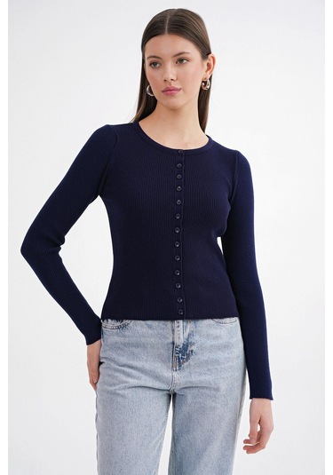 6931 Kadın Düğmeli Fitilli Triko Hırka Lacivert Lacivert