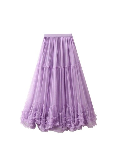 Pembe Qooth Kadınlar Tatlı Tül Kek Örgü Etek Zarif Elastik Bel Peri Uzun A-line Tutu Etek Büyük Salıncak Ile Tüm Sezon Qt2227 Pembe