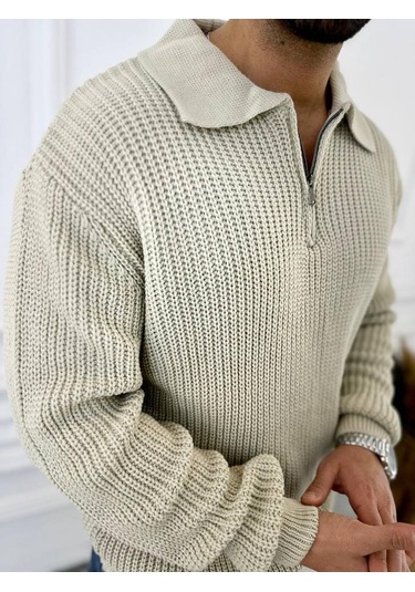 Kazak Oversize Tüylenmez Naturel Pamuk Fermuarlı Polo Yaka Örme Triko Kazak Krem