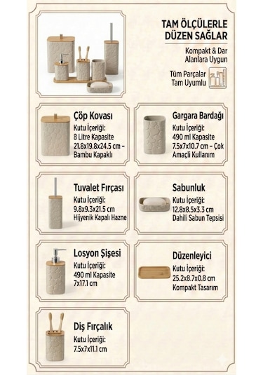 Makri Home Desenli 7 Parça Bambu Kapaklı Ve Aksesuarlı Banyo Seti Beyaz