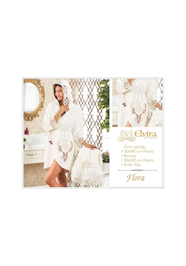 Elvira Flora Lüks Fransız Dantelli Balayı Bornozu Krem