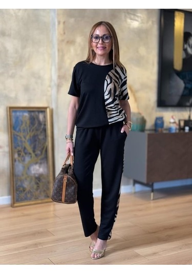 Ge Ticaret Kadın Bisiklet Yaka Kısa Kol Leopar Desen Bluz Ve Pantolon Ikili Takım Siyah