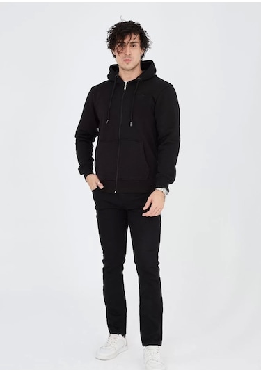Unisex Tam Fermuarlı Kapşonlu Sweatshirt - Siyah Siyah