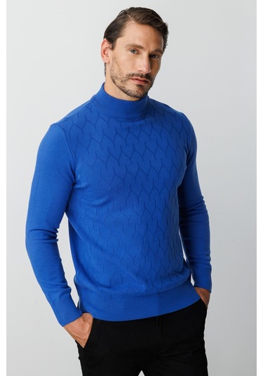 Saks Standart Fit Dar Kalıp Yarım Balıkçı Düz Uzun Kollu Triko-10086 Mavi